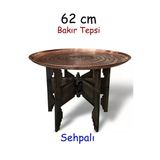 62 Cm El İşlemeli Otantik Desenli Kalın Urfa Bakır Tepsi + Katlanabilir Sehpa - Bakır-Tps496