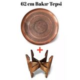 62 Cm El İşlemeli Otantik Desenli Kalın Urfa Bakır Tepsi + Katlanabilir Sehpa - Bakır-Tps498
