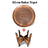 62 Cm El İşlemeli Otantik Desenli Kalın Urfa Bakır Tepsi + Katlanabilir Sehpa - Bakır-Tps500