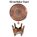 62 Cm El İşlemeli Otantik Desenli Kalın Urfa Bakır Tepsi + Katlanabilir Sehpa - Bakır-Tps502