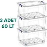 62X40X41,5 cm Tekerlekli Kilitli Saklama Kutusu 60 Litre 3 Adet Tekerlekli Saklama Kabı Depolama Düzenleyici - Şeffaf