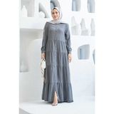 6556-DENIM Düğmeli Büzgülü Elbise Gri - 48