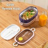 66729-1 Stainless Steel Vakumlu Lunch Box Iki Katlı Paslanmaz Çelik Kolay Kilitlenir Kendinden Kaşıklı Sefer Tası – 1300ML Pembe-Lila - Pembe - Lila