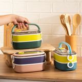 66729-2 Stainless Steel Vakumlu Lunch Box Iki Katlı Paslanmaz Çelik Kolay Kilitlenir Kendinden Kaşıklı Sefer Tası – 1300ML Yeşil-Sarı - Sarı - Yeşil