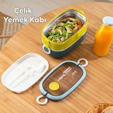 66729 Stainless Steel Vakumlu Lunch Box Iki Katlı Paslanmaz Çelik Kolay Kilitlenir Kendinden Kaşıklı Sefer Tası – 1300ML Mavi-Sarı