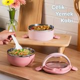 66732-1 Stainless Steel Vakumlu Lunch Box Iki Katlı Paslanmaz Çelik Kolay Kilitlenir Kendinden Kaşıklı Sefer Tası – 1000ML Pembe