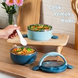 66732 Stainless Steel Vakumlu Lunch Box Iki Katlı Paslanmaz Çelik Kolay Kilitlenir Kendinden Kaşıklı Sefer Tası – 1000ML Mavi