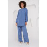 6678 Keten Tunik Pantolon Ikili Takım - Indigo - İndigo - 44