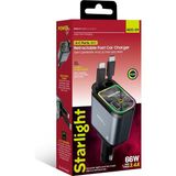 66W Hızlı Araç Şarj Aleti,RGB Işıklı,Yıldız Görsel Efektli,4'ü 1 Arada Type-C + Lightning Çek Bırak Makara Kablolu Android-Apple Uyumlu - Mat Siyah - Renk