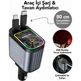 66W Hızlı Şarjlı Araç Çakmaklık Şarj Cihazı –type-C & Lightning Geri Çekilebilir Kablo, Rgb Yıldızlı Tavan Aydınlatma - Siyah