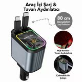 66W Hızlı Şarjlı Araç Çakmaklık Şarj Cihazı Type-C & Lightning Geri Çekilebilir Kablo, Rgb Yıldızlı Tavan Aydınlatma