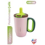680 ML Tek Kapak Çift Kullanım Pipetli Rahat İçim Kulplu Paslanmaz Çelik Termos Mug FFVGN1113-680ML Pembe