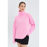 6928 Kadın Fitilli Balıkçı Yaka Triko Kazak Pembe
