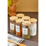 6'lı 300ML Bambu Vakum Kapaklı Kaşıklı Borosilikat Baharat Takımı (Etiket Hediyeli) - Şeffaf - 300 ml