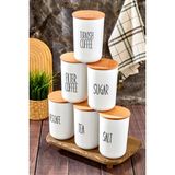 6'lı Ahşap Vakum Kapaklı Transfer Etiketli Coffe/tea/sugar/salt Akrilik Kavanoz 900ML Saklama Kabı - Beyaz - 900 ml - 6 Adet