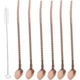 6'Lı Bronz Pipetli Latte Kaşığı Kokteyl Kaşığı Ve Temizleme Fırçası, 22 Cm Yaprak Model