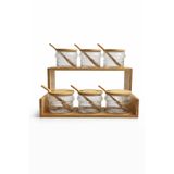 6’lı Cam Baharatlık Seti Bambu Standlı Kaşıklı (8x8 cm) – Kapaklı Cam Kavanoz Baharat Düzenleyici