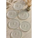 6'Lı Cam Pasta Ve Tatlı Servis Tabağı Seti 16 Cm Desenli Şeffaf Sunum Tabağı