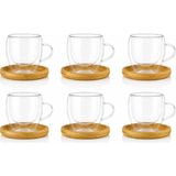 6'li Çift Cidarlı Cam Kupa & Bambu Tabak Seti – Espresso & Türk Kahvesi Fincan Takımı 90 ml - Çok Renkli