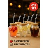 6'lı Çilek Desenli 400 ml Borosilikat Cam Bardak – Bambu Kapaklı, Cam Pipet Hediyeli OPH-001628