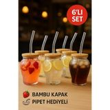 6'Lı Çilek Desenli 400 Ml Borosilikat Cam Bardak – Bambu Kapaklı, Cam Pipet Hediyeli