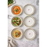 6’Lı Çukur Tabak Seti – Siyah Şeritli Kuş Desenli Şık Yemek Tabağı & Modern Sofra Sunum Tabağı 19 Cm