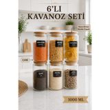 6’lı Etiket Cam Kavanoz-Bambu Vakumlu Çizgi Erzak Saklama Kabı 1000ml
