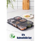 6'lı Gri Saklama Kabı Seti, Silikon Kapaklı, Tepsili Kahvaltılık Organizer - Antrasit