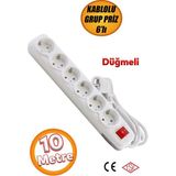 6'lı Grup Priz - (10 Metre) Topraklı Fiş Çoğaltıcı Çoklu Uzatma Kablosu Anahtar Düğmeli Pirizi - Beyaz-Grı - STANDART
