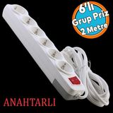 6'lı Grup Priz Anahtarlı Topraklı 2 Metre Seyyar Ara Kablolu Uzatma Kablolusu Altılı Piriz Kablo - Beyaz