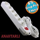 6'Lı Grup Priz Anahtarlı Topraklı 2 Metre Seyyar Ara Kablolu Uzatma Kablolusu Altılı Piriz Kablo