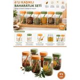 6'Lı Kaşıklı Cam Baharatlık Seti, Çiçek Desenli Tuz Biber Nane Kekik Baharat Kavanozu 6X370cc