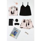 6'lı Kedi Desen Pembe Saten Pijama Şort Takım
