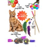 6Lı Kedi Oyun Seti: Kedi Oltası+Çıngıraklı Top+3 Adet Oyun Topu+Zilli Tüylü Fare Top