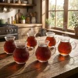 6'Lı Kulplu Borosilikat Fitil Desenli Cam Çay Bardağı Seti - Geniş Ağızlı Tombul Tasarım, Isıya Dayanıklı Çay Takımı 180Ml