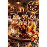 6’Lı Kulplu Cam Bardak Seti 450 Ml Pipet Hediyeli Kokteyl Soğuk Kahve Meşrubat Bardağı