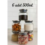 6'lı Metal Kapaklı 500 ml Vakumlu Baharatlık Seti - Saklama Kabı -Kavanoz-Etiketli - Şeffaf - Gri