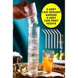 6'lı Origami Cam Model Borosilikat Kokteyl Meşrubat Bardak Seti 300 ml - 6 Adet Cam Pipet Hediyeli