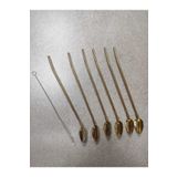 6'Lı Paslanmaz Krom Pipetli Kokteyl Bar Kaşığı Ve Temizleme Fırçası, Pipetli Latte Kaşığı 22 Cm
