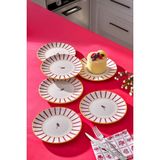 6lı Pasta Servis Tabağı Seti - Kuş Desenli Çizgili Kek Tatlı Kurabiye Davet Sunum Tabak Takımı -17CM - 250 ml - Beyaz - Pembe