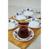 6'lı Porselen Çay Tabağı Lale Motifli Osmanlı Deseni Beyaz - mavi