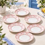 6'li Porselen Çay Tabağı Seti, Pembe Ekose Kalp Desenli - Standart - Çok Renkli