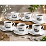 6’lı Porselen Kahve Fincanı Takımı – Good Morning Desenli 6 Fincan 6 Tabak – Türk Kahvesi ve Espresso Fincan Seti – Şık Sunum ve Çeyizlik