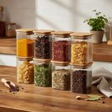6'lı Set 350 ml Bambu Kapaklı Kare Cam Kavanoz - 6X10 cm Vakumlu Orta Boy Şeffaf Erzak Kabı Kahve Çay Baharatlık ve Mutfak Düzenleyici Organizer Saklama Kutusu