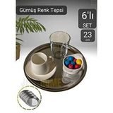 6’lı Set Lüx Sunum Tepsisi Paslanmaz Kahve Tepsisi Çelik Tepsi Yuvarlak Çeyizlik Tepsi 23 Cm Gri