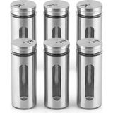 6'li Set Metal Kaplı Cam Baharatlık, 14 cm - Şeffaf Pencereli, Döner Kapaklı, Paslanmaz Çelik Görünümlü Tuzluk ve Baharat Takımı