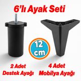 6'Lı Set Mobilya Tv Ünitesi Çekyat Koltuk Kanepe Destek Ayağı 12 Cm Siyah Baza Ayakları M8 İnce Diş