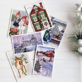 6lı Simli Kartpostal Seti, Yılbaşı, Kırmızı Ev - Standart