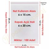 6X15+5 Cm. (6X20) 100 Adet - Şeffaf Bantlı Yapışkanlı Opp Jelatin Poşet