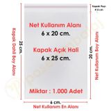6x20+5 cm.(6x25) 1.000 Adet Şeffaf Bantlı Yapışkanlı OPP Poşet
